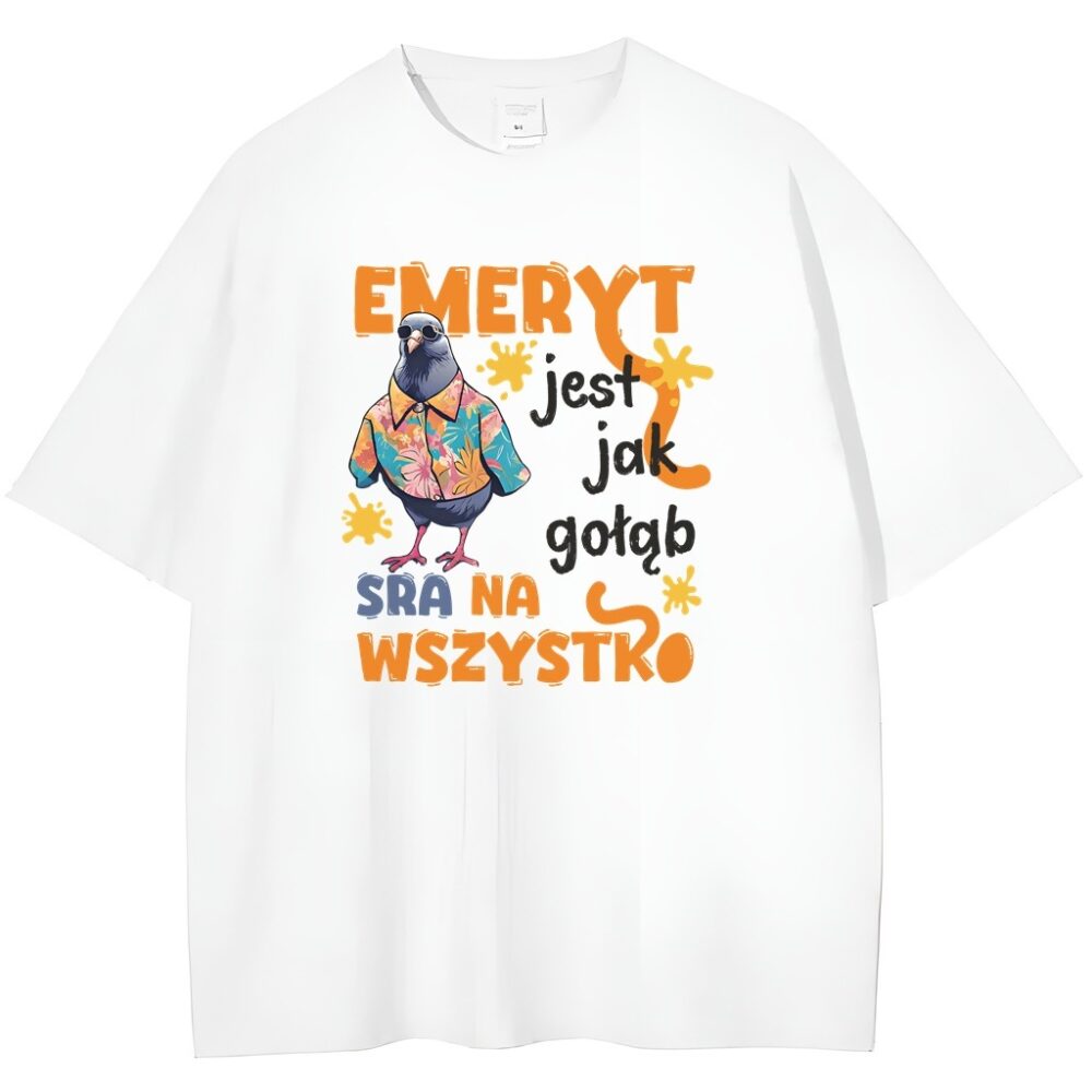 biały t-shirt przód emeryt jak gołąb