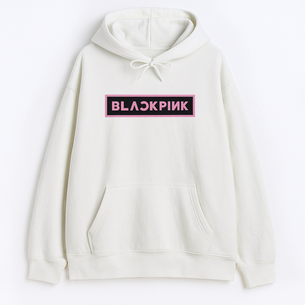 Biała Bluza z Kapturem Blackpink Logo pełny przód z różowym logo