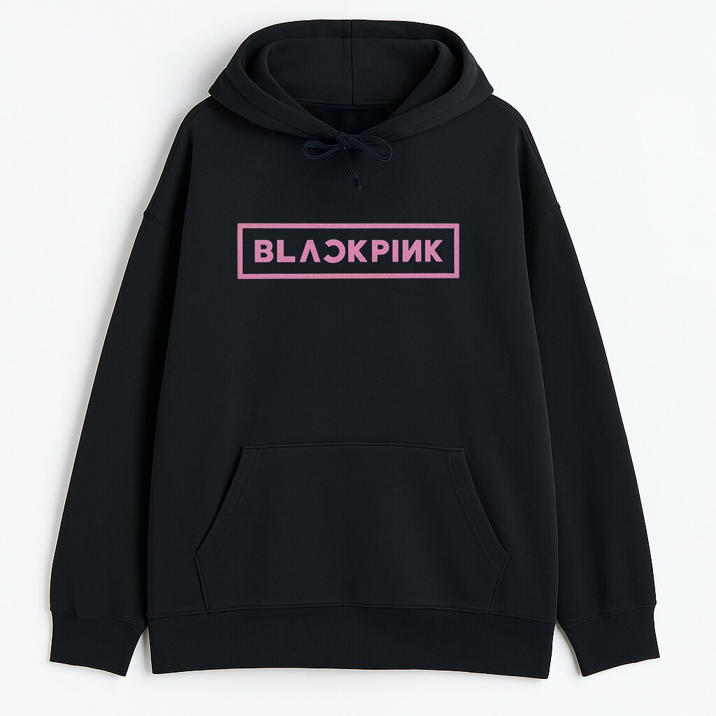 Czarna Bluza z Kapturem Blackpink Logo pełny przód z różowym napisem