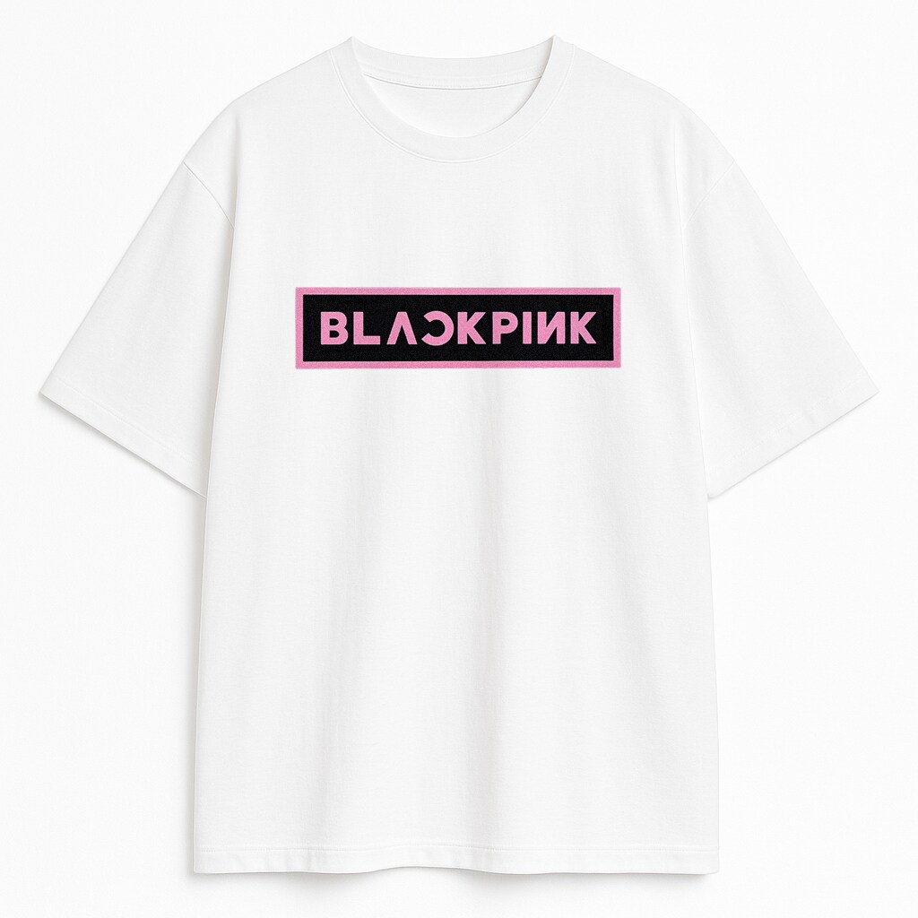 Stylowy T-shirt Blackpink Logo biały z ikonicznym czarnym logo w różowej ramce – idealny merch dla BLINKs i fanów K-popu