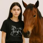 Modelka w czarnej koszulce z rysunkiem line art; koń obok