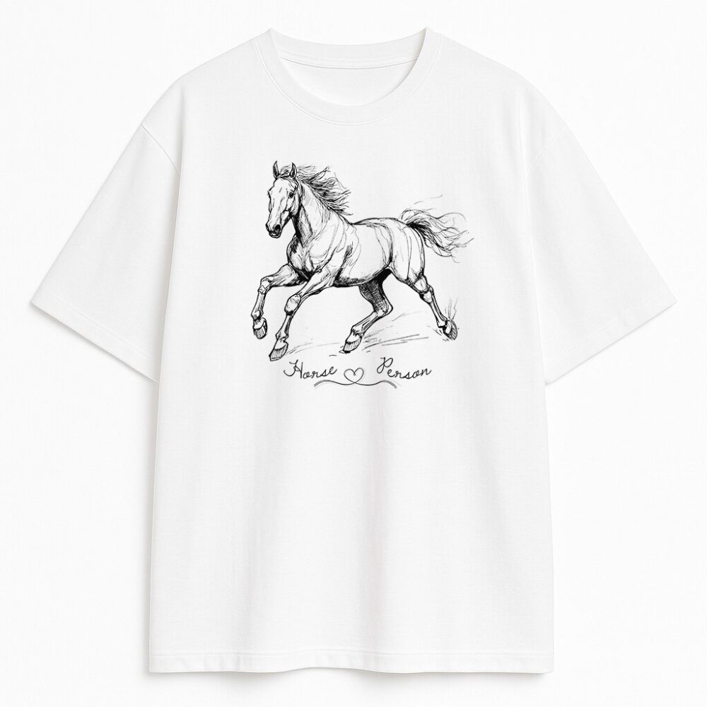 Biała koszulka - front produktu z czarnym szkicem galopu