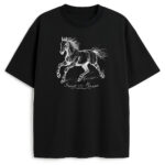 T-shirt Horse Person - czarna koszulka z line art galopującego konia, front