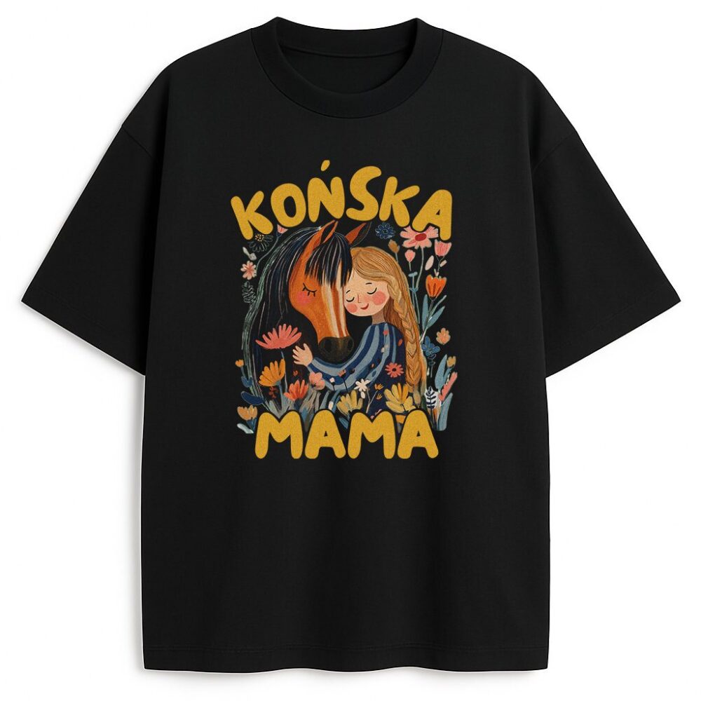 Czarna koszulka z napisem Końska Mama i kwiatowym tłem