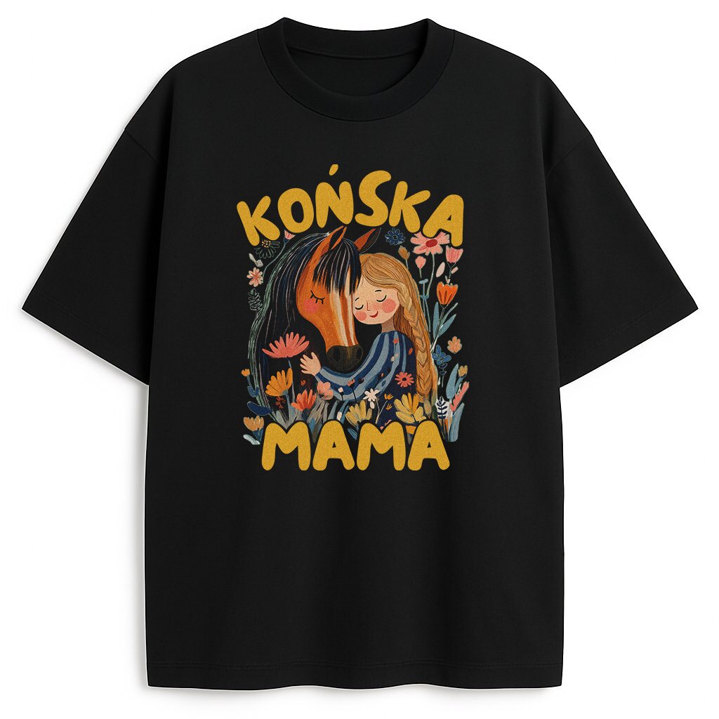 Czarna koszulka z napisem Końska Mama i kwiatowym tłem