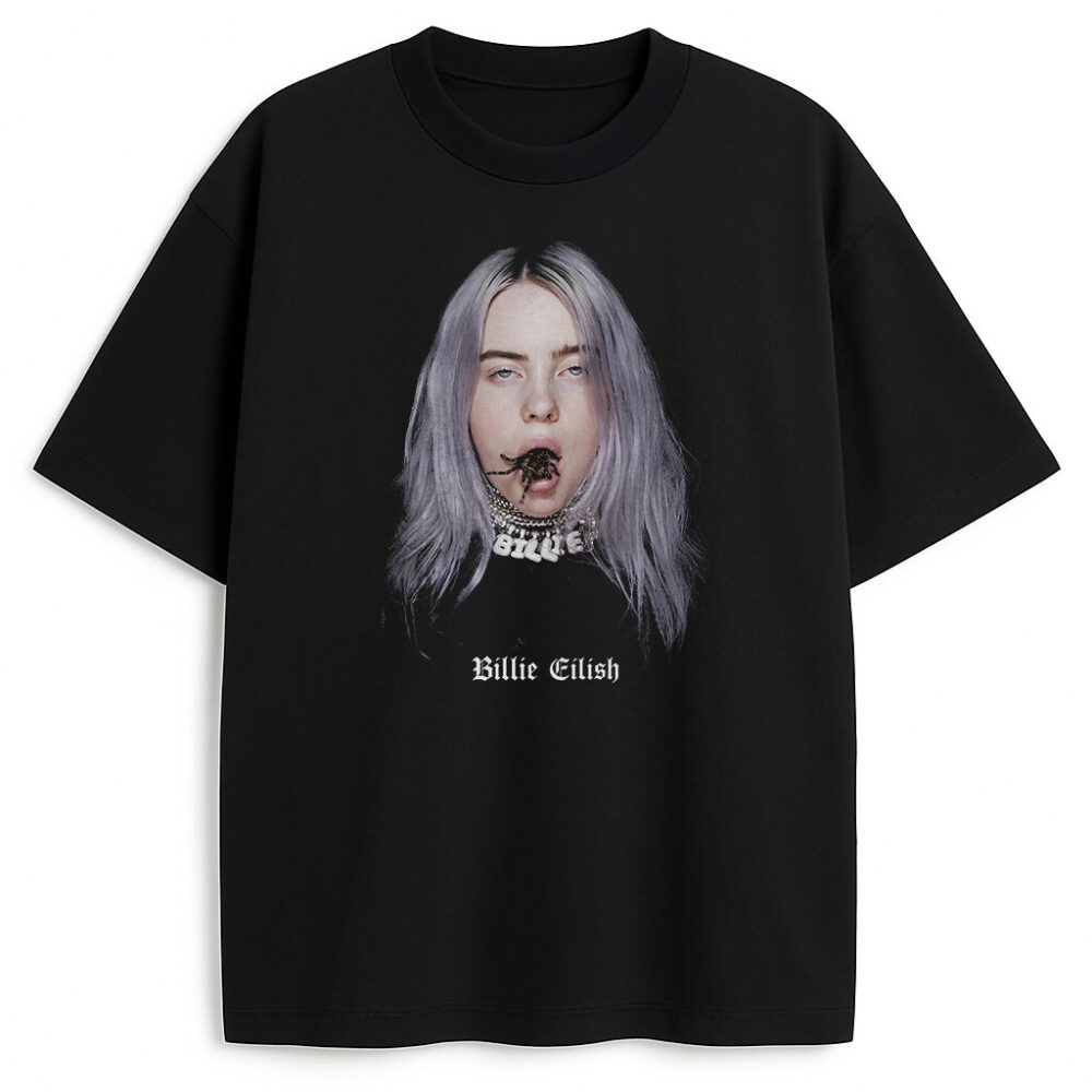 Czarna koszulka Billie Eilish Spider z realistycznym portretem wokalistki i pająkiem wychodzącym z jej ust