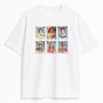 T-shirt Stranger Things School Photos w białej wersji z kolażem postaci w stylu RPG