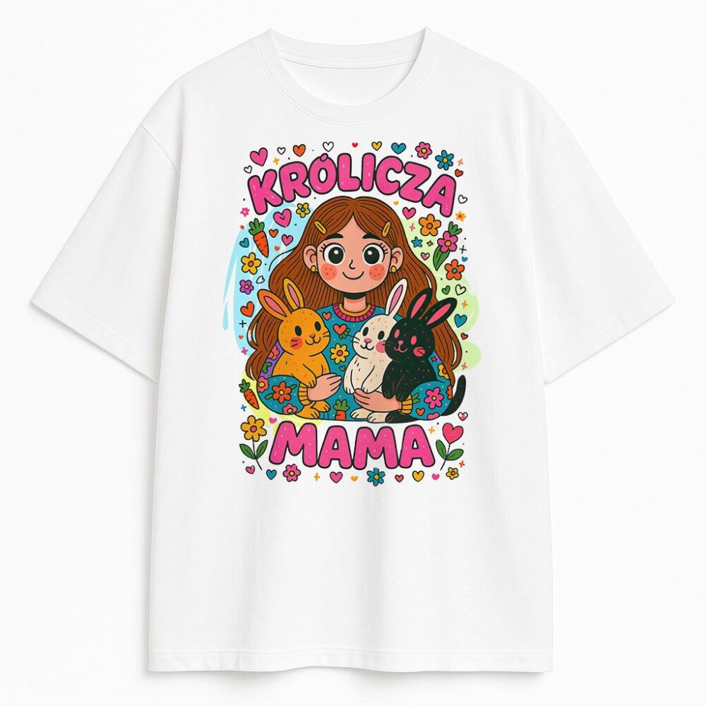 Biała koszulka z dziewczyną i trzema kolorowymi królikami