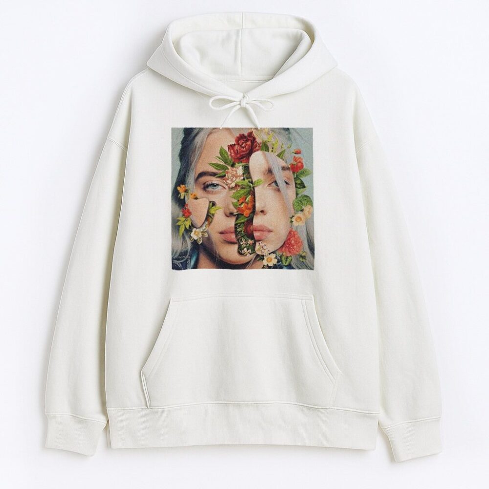 Biała bluza Billie Eilish Flowers z nadrukiem twarzy i motywem kwiatów