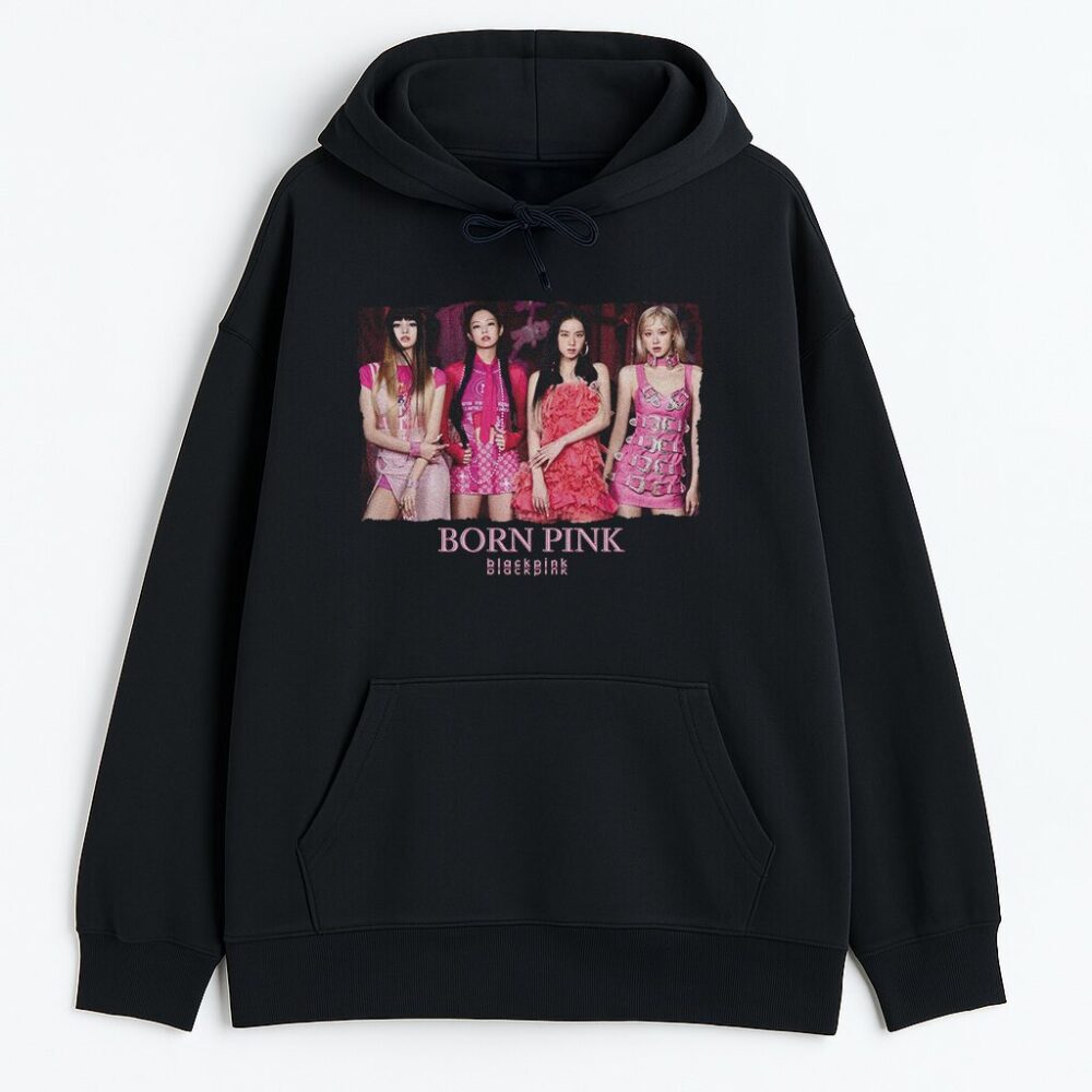 Czarna Bluza Blackpink Born Pink przód z grafikami grupy i napisem Born Pink