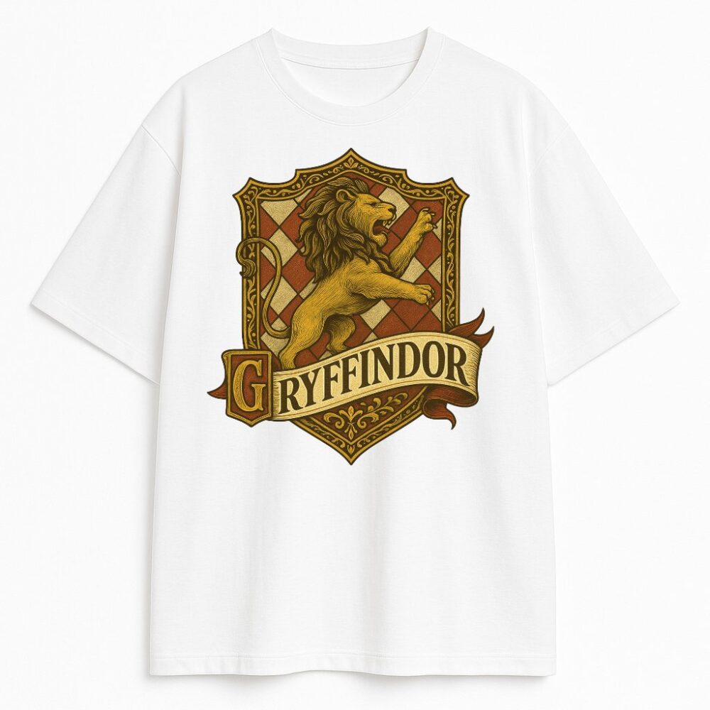 Biała koszulka Gryffindor z nadrukiem lwa w retro stylu