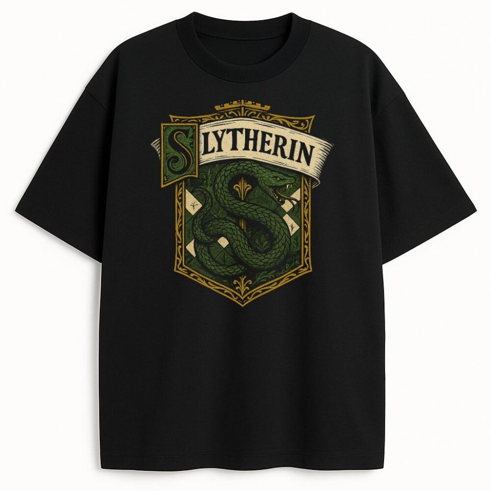 Czarny T-shirt Harry Potter Slytherin z herbem w stylu vintage