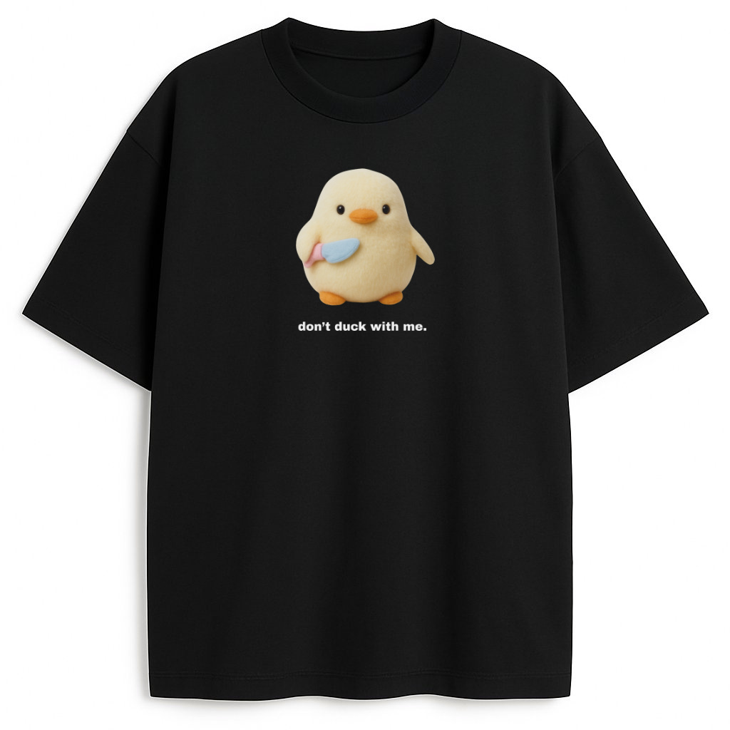 T-shirt Duck Meme z kaczką z nożem i napisem, czarna wersja
