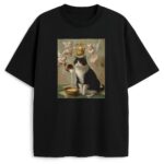 Czarna koszulka z kocim barokiem i aniołkami nad miseczką mleka