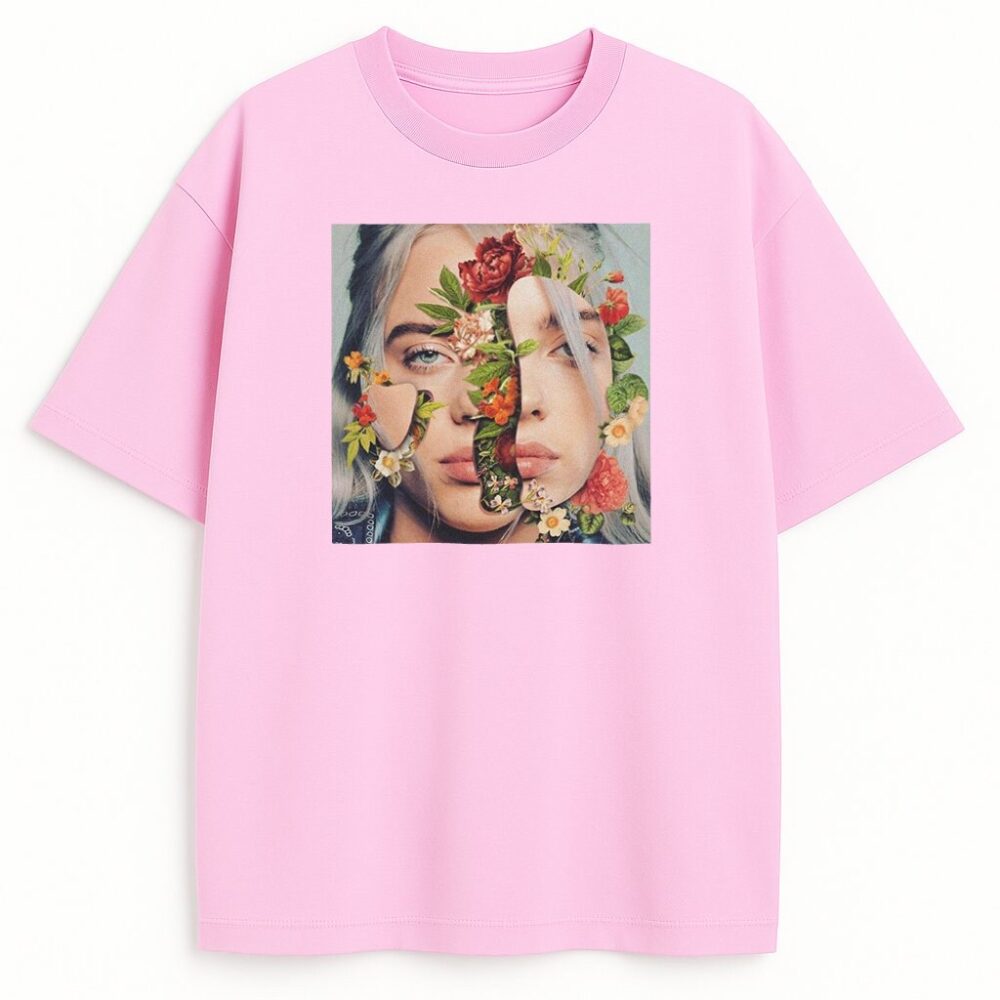 Różowa koszulka Billie Eilish Flowers z kwiatowym kolażem na tle portretu