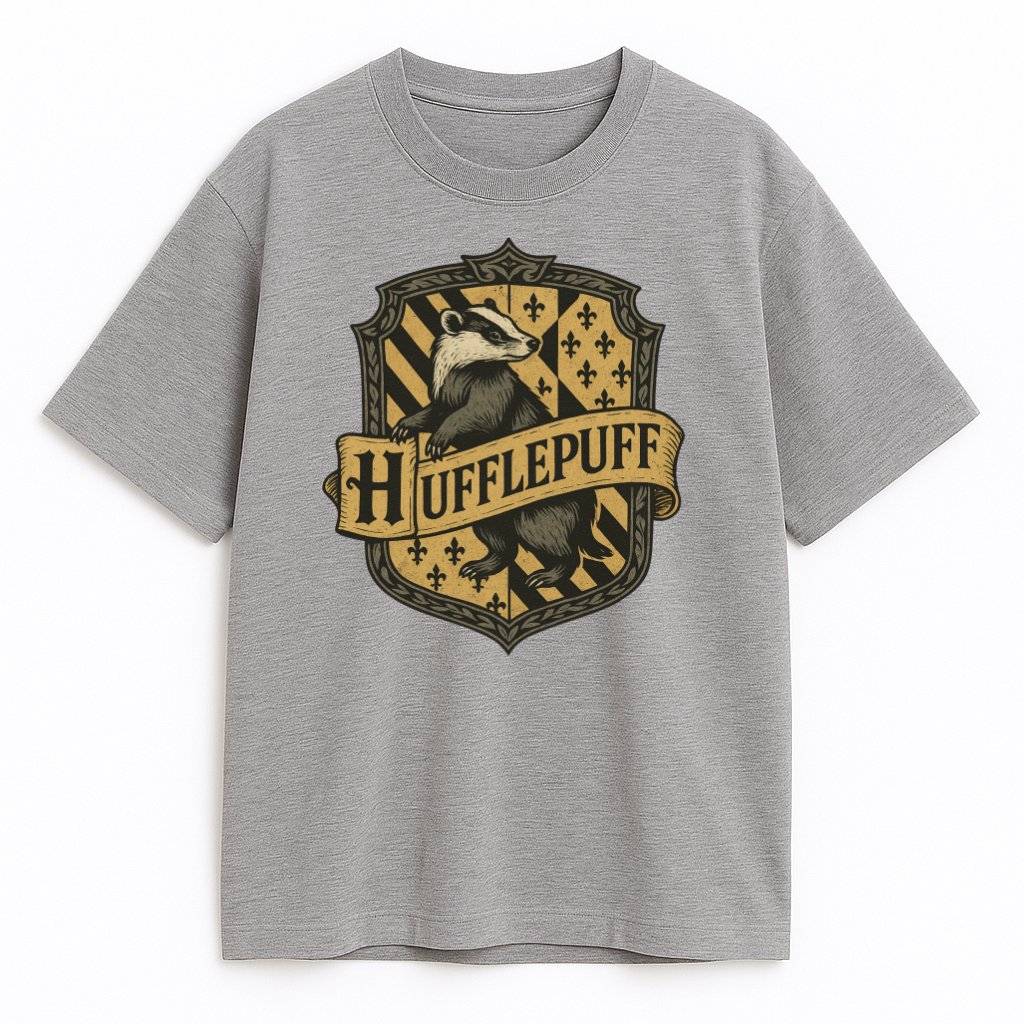 Szary T-shirt Hufflepuff z grafiką vintage i herbem
