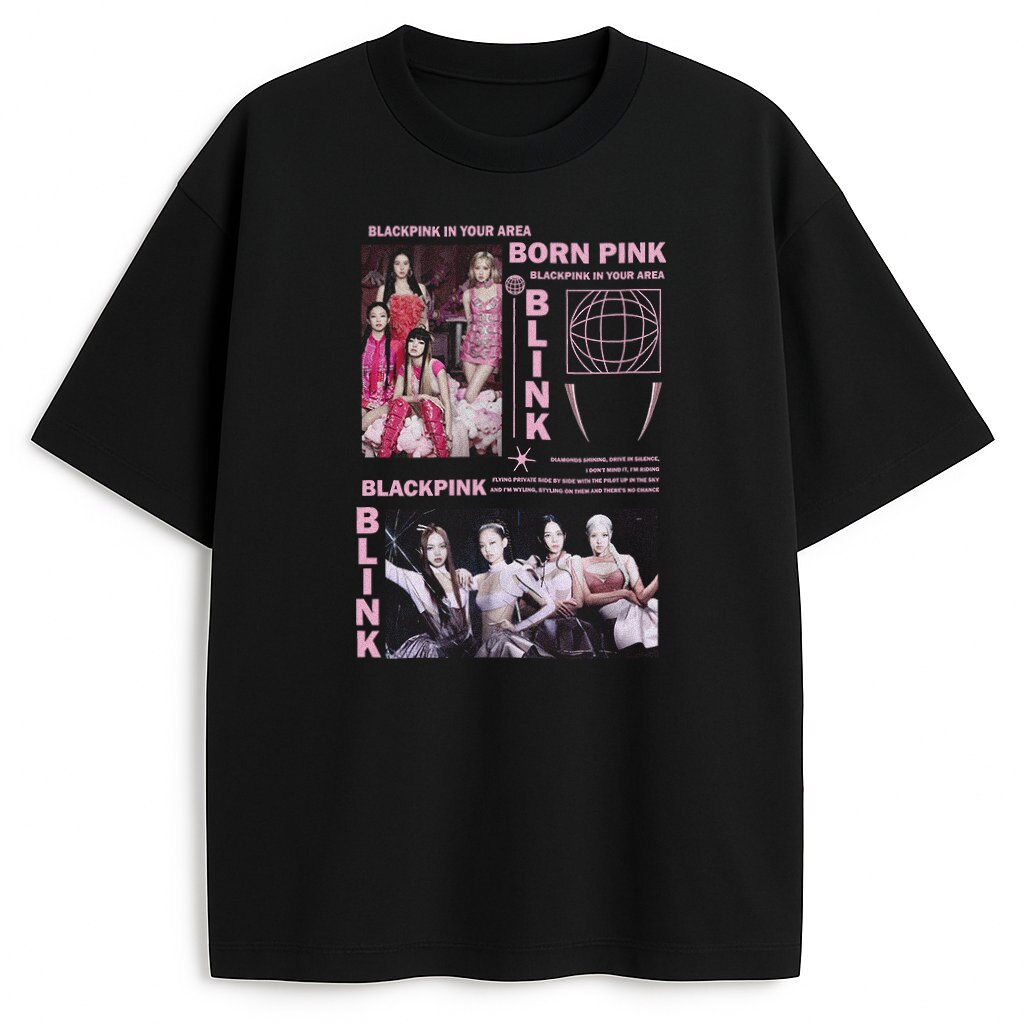 Czarny T-shirt Blackpink Pink Venom z kontrastową różową grafiką, zdjęciami Jisoo, Jennie, Rosé i Lisa w luksusowych pozach Born Pink, globe i tekstami "BORN PINK BLINK BLACKPINK IN YOUR AREA" – edgy merch dla pasjonatów K-pop.
