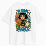 Biała koszulka z kolorową grafiką dziewczyny z trzema psami