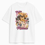 biały t-shirt psia mama z kolorowym nadrukiem psów na przodzie