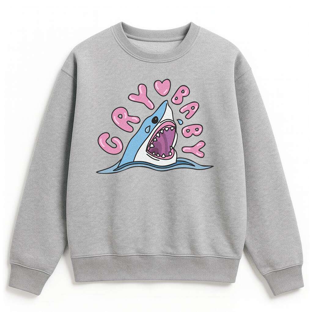 Szara bluza bez kaptura z nadrukiem rekina Cry Baby - unisex