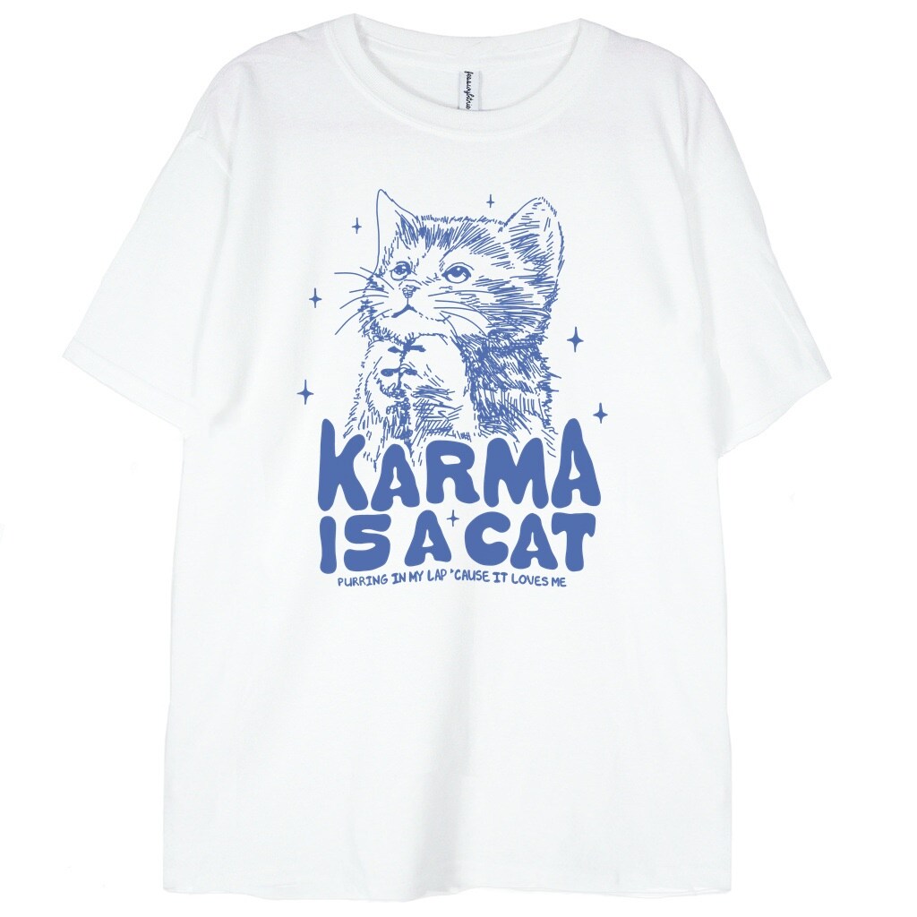 biała koszulka taylor swift karma is a cat