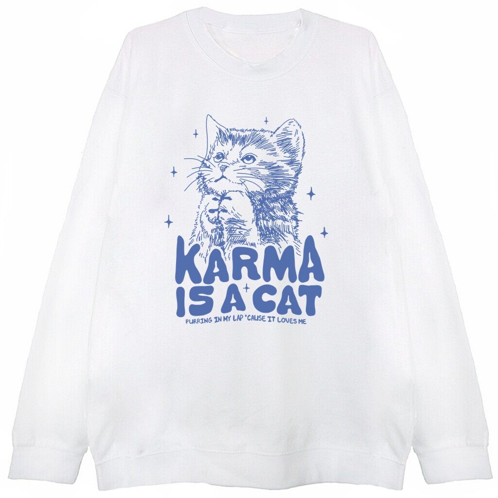 biała bluza z motywem piosenki taylor swift karma is a cat