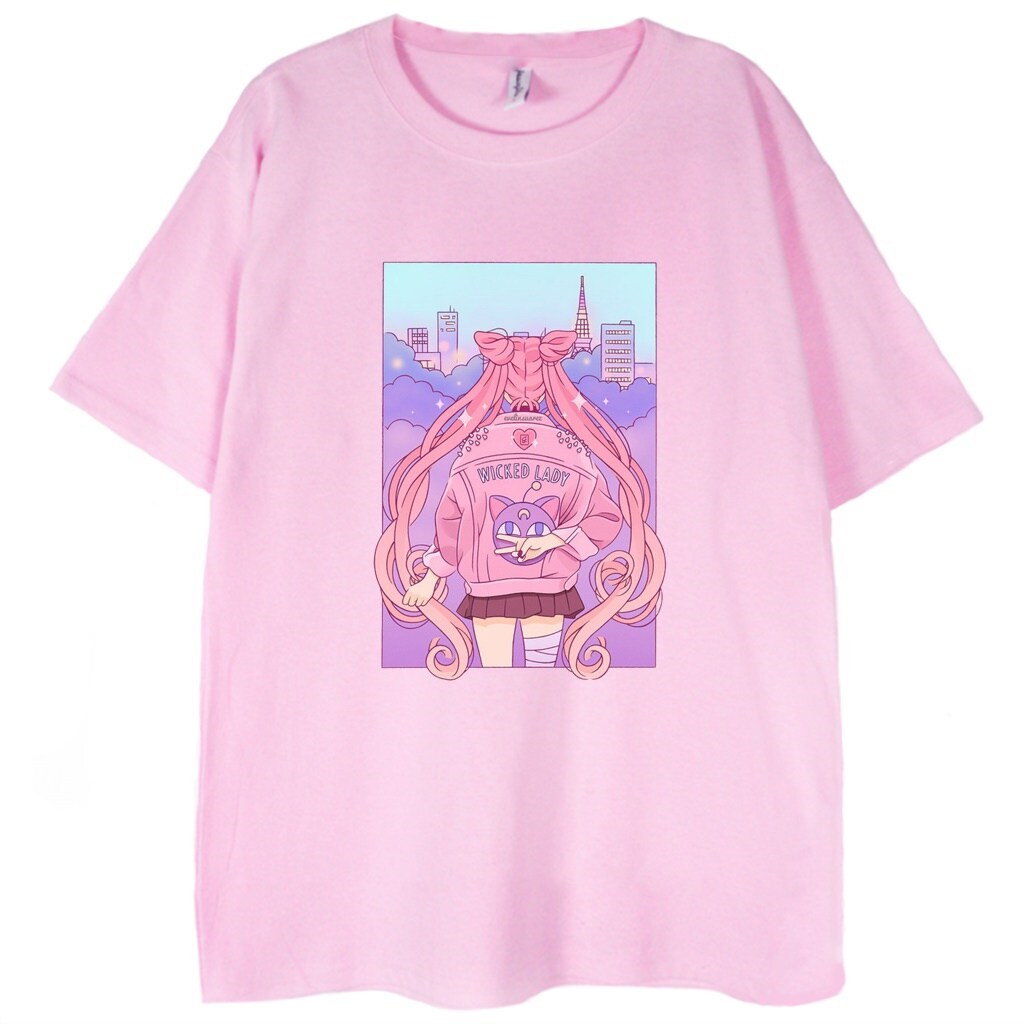 różowa koszulka z motywem anime girls sailor moon