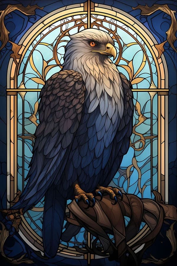 witraż przedstawiający sowę - symbol Domu Ravenclaw