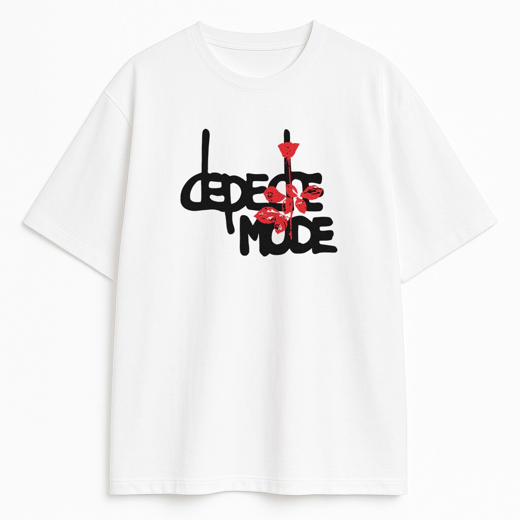 Biały T-shirt Depeche Mode Rose z czarnym logo i czerwoną różą w graffiti stylu