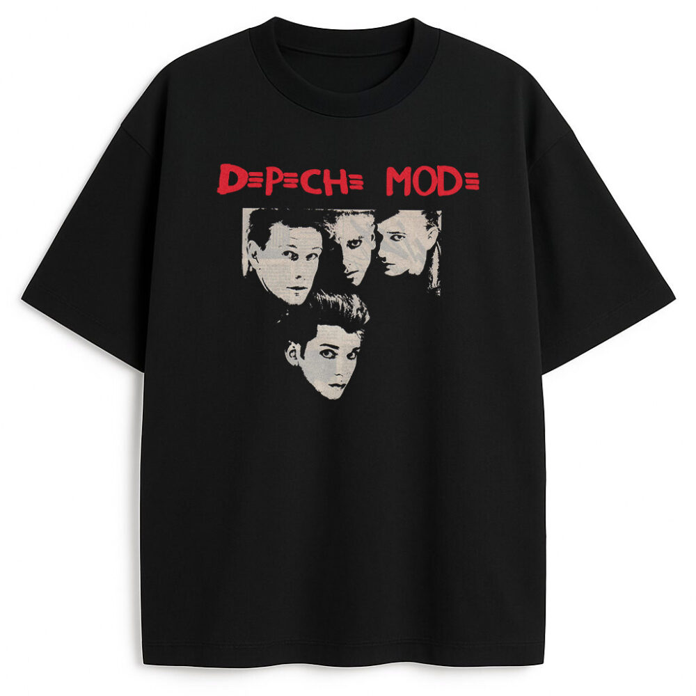 Czarny T-shirt Depeche Mode Enjoy the Silence z czerwonym logo i portretami zespołu w stylu retro