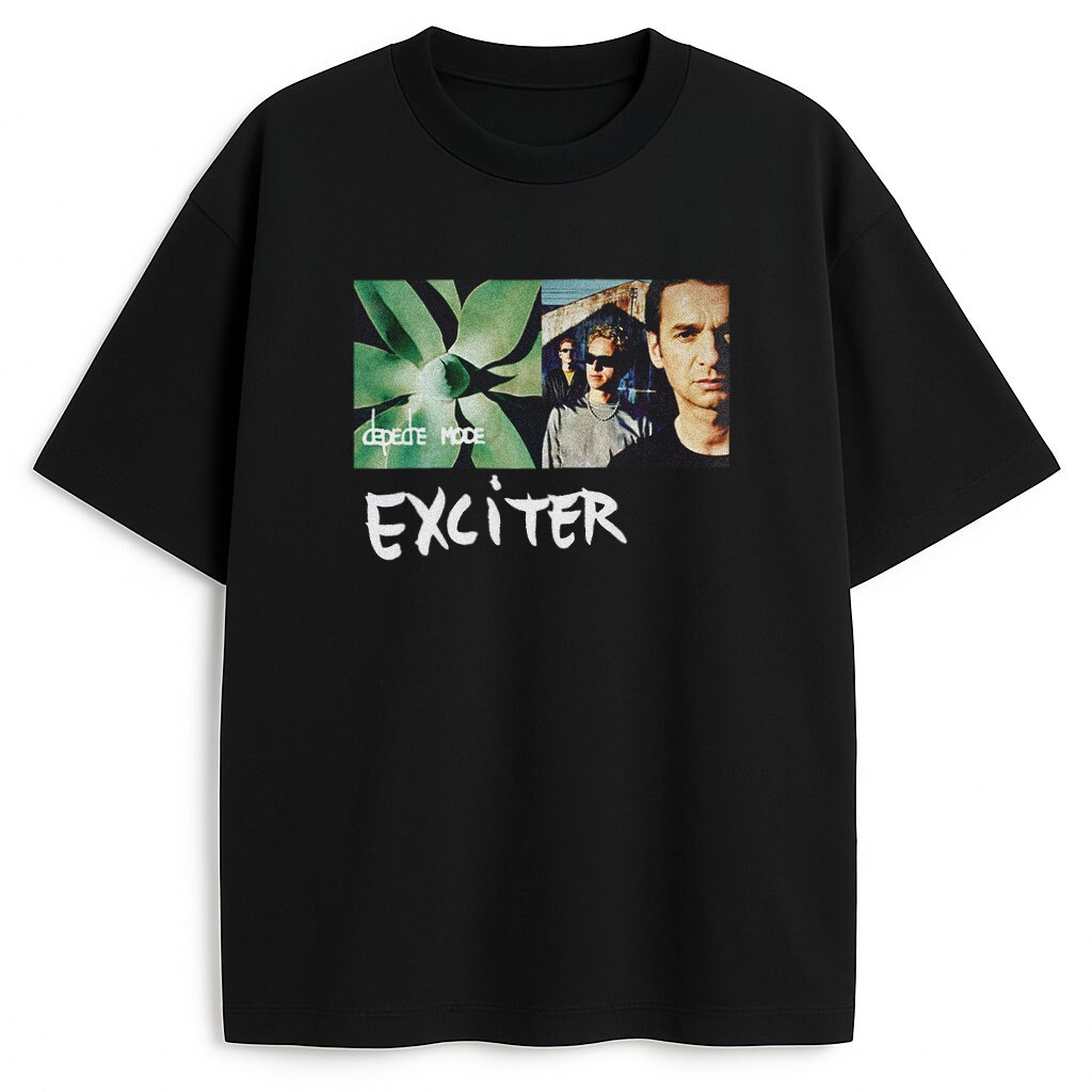 Czarny T-shirt Depeche Mode Exciter z okładką albumu, zieloną rośliną i portretami zespołu w retro stylu