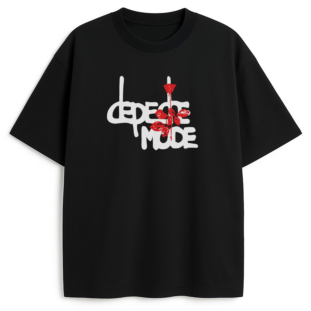 Czarny T-shirt Depeche Mode Rose z białym graffiti logo i czerwoną krwawiącą różą w artystycznym stylu