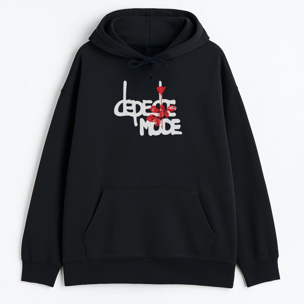 Czarny hoodie Depeche Mode Memento Mori z białym logo i czerwoną różą na przodzie