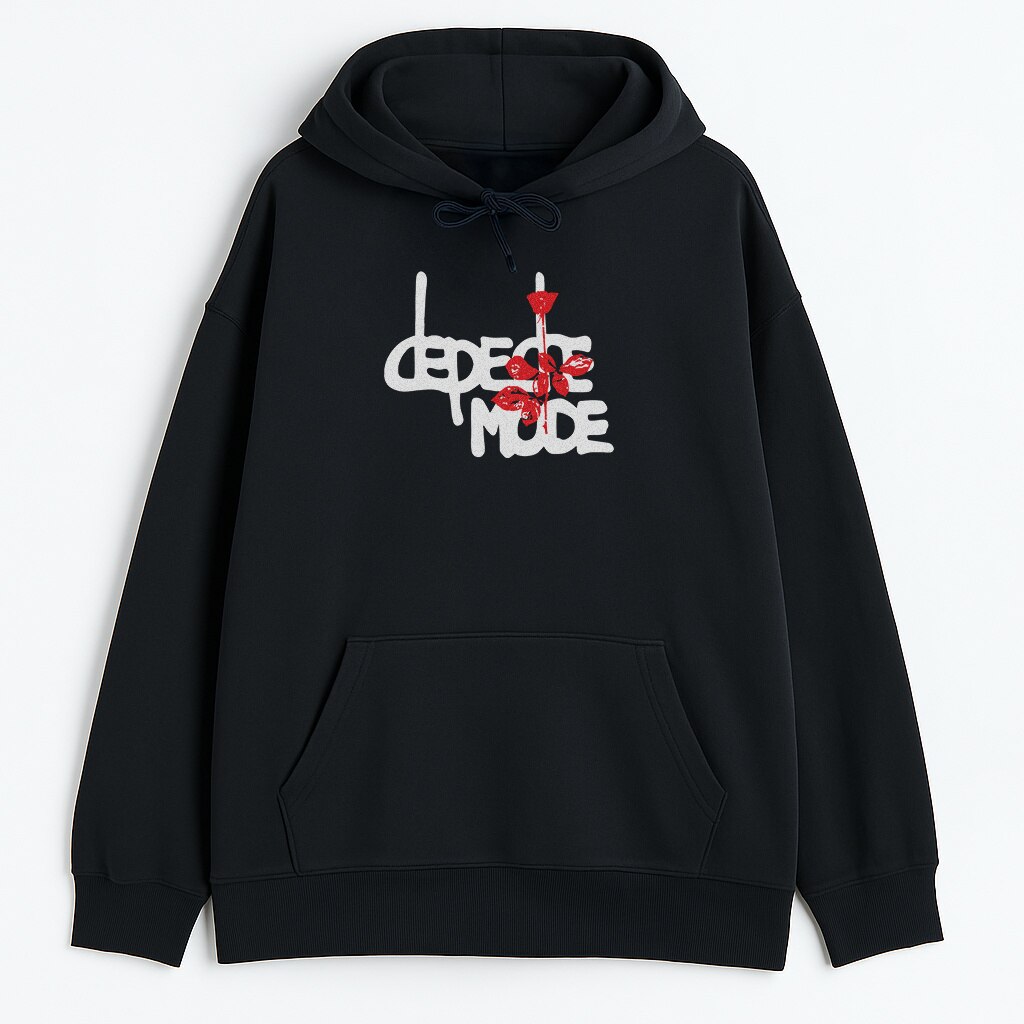 Czarny hoodie Depeche Mode Memento Mori z białym logo i czerwoną różą na przodzie