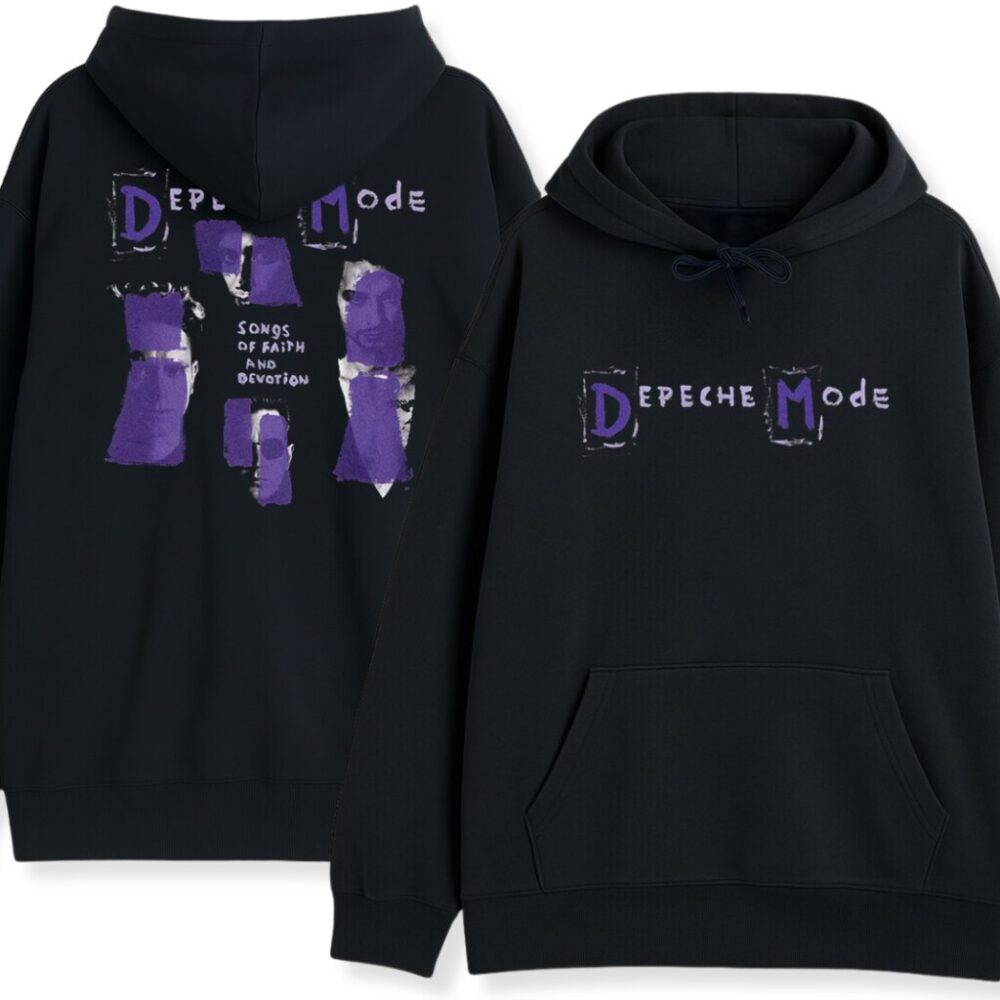 Podwójny widok czarnego hoodie Depeche Mode Vintage: plecy i przód
