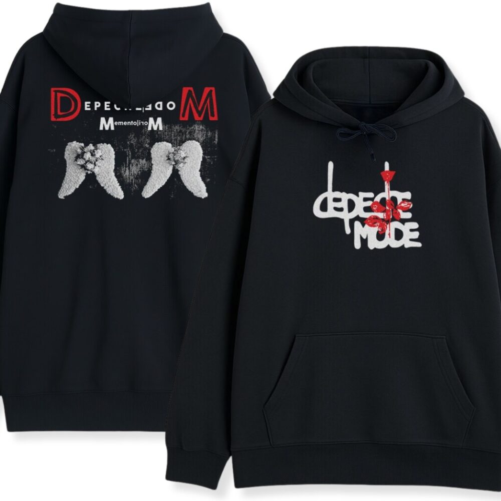 Podwójny widok czarnego hoodie Depeche Mode Memento Mori: przód i plecy