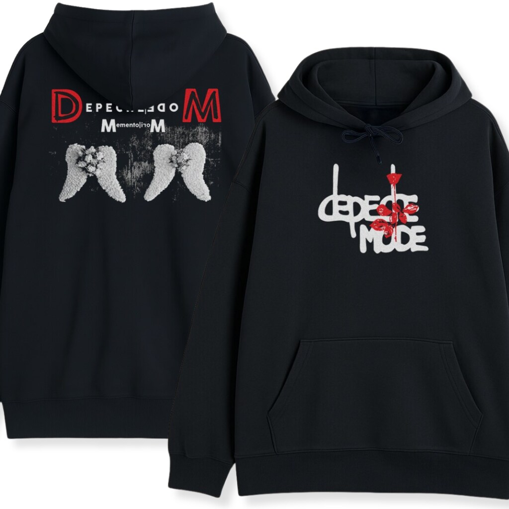 Podwójny widok czarnego hoodie Depeche Mode Memento Mori: przód i plecy