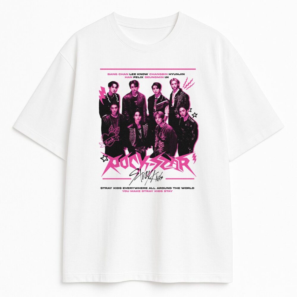 Biała koszulka Stray Kids – neonowy T-shirt z grafiką Rockstar i członkami SKZ