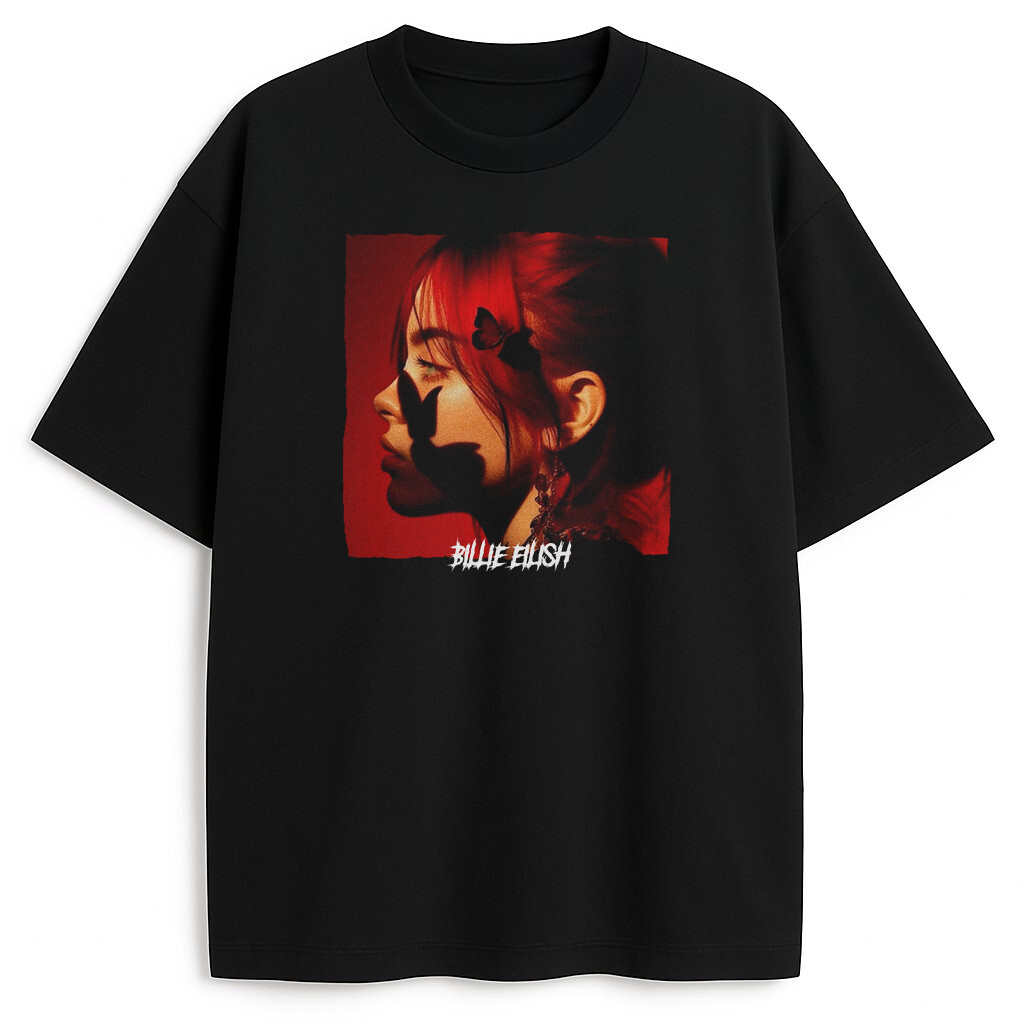 T-shirt Billie Eilish Red z czerwonym portretem artystki na czarnym tle