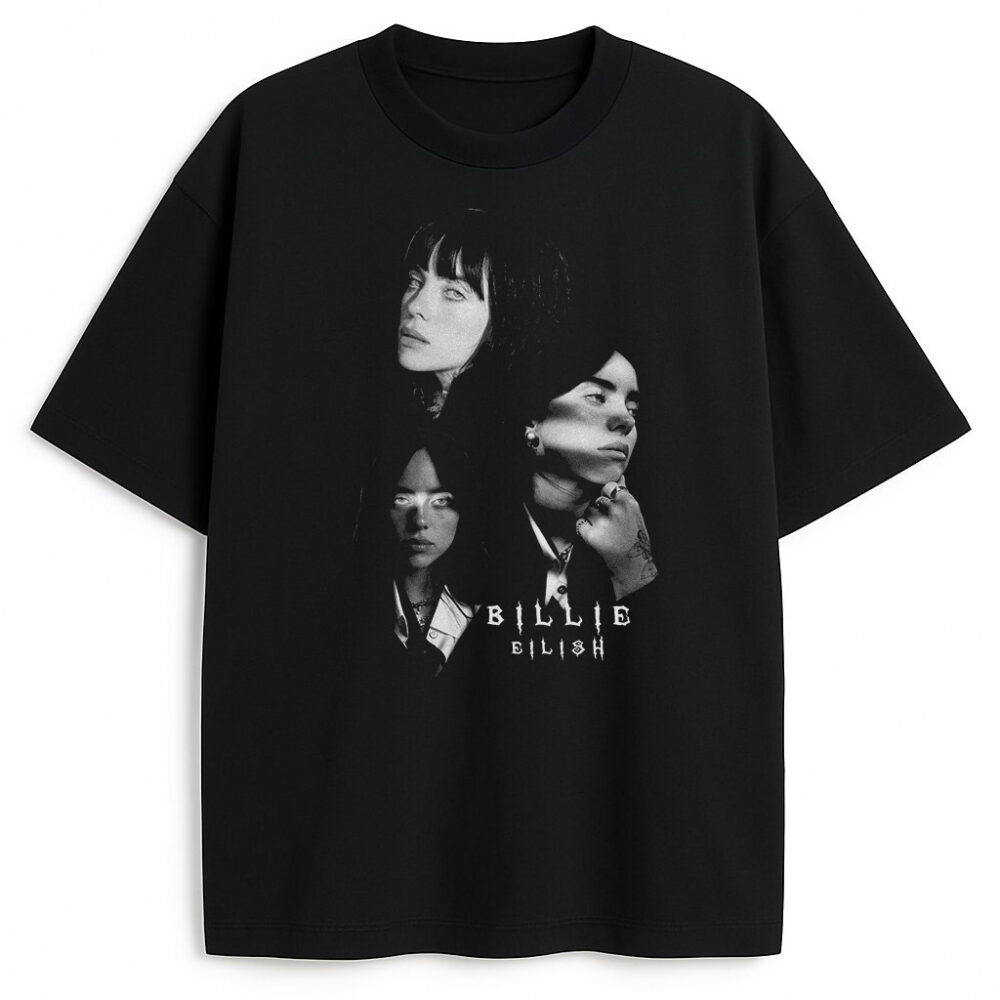 T-shirt ze zdjęciami Billie Eilish – aesthetic fan merch w stylu czarno-białym