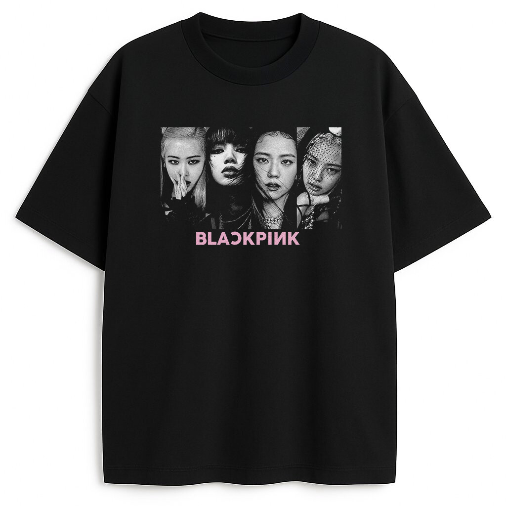 T-shirt Blackpink Faces czarny z portretami Jisoo, Jennie, Rosé i Lisa w stylu monochromatycznym