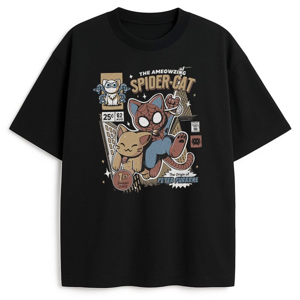 t-shirt spidercat czarny - koci superbohater komiks