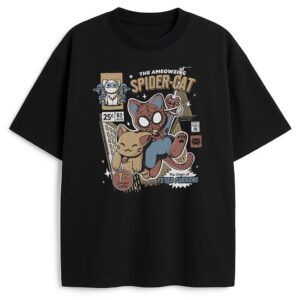 t-shirt spidercat czarny - koci superbohater komiks