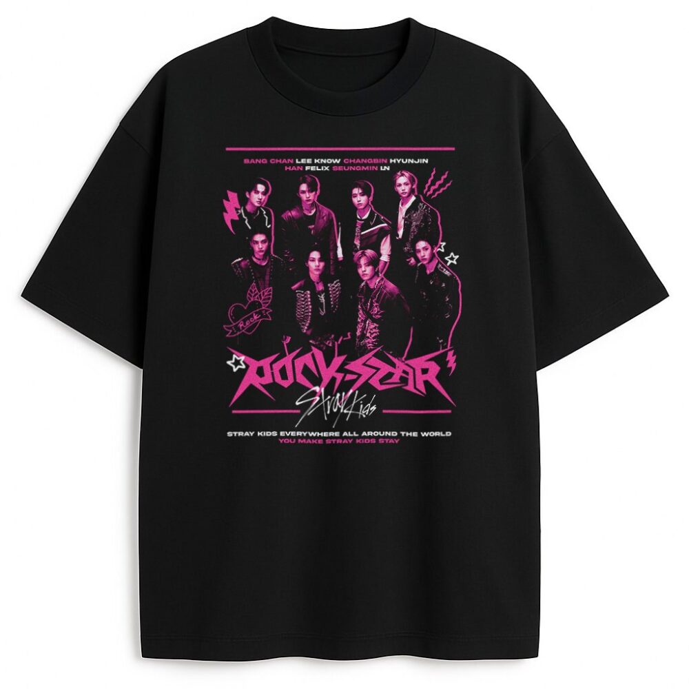 T-shirt Stray Kids Rockstar czarny – neonowy merch z członkami zespołu