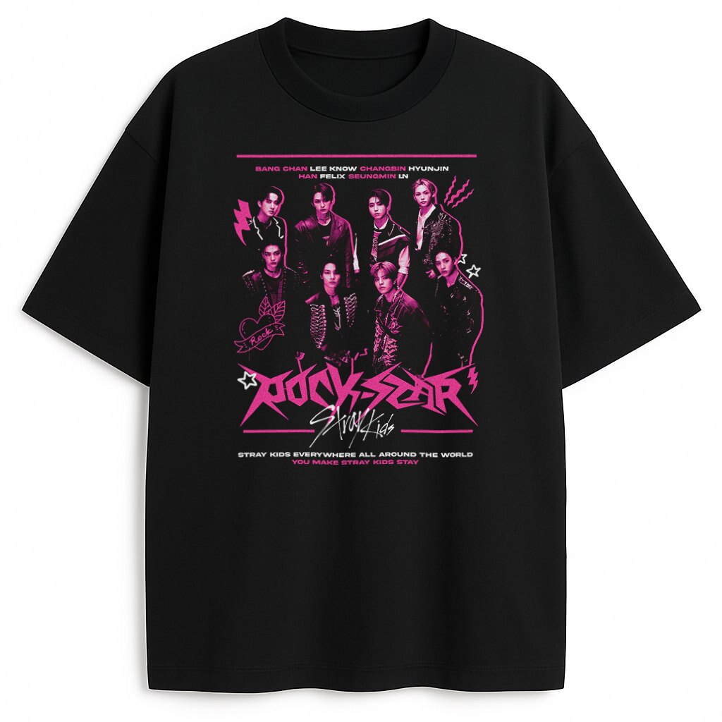 T-shirt Stray Kids Rockstar czarny – neonowy merch z członkami zespołu