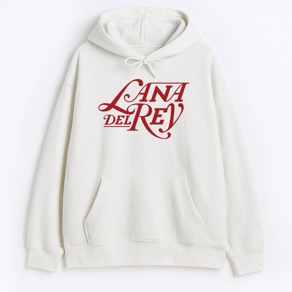 Bluza Lana Del Rey Logo z czerwonym nadrukiem na białym tle, styl fan merch