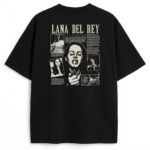 Tył koszulki z kolażem zdjęć Lany Del Rey i napisem Ultraviolence w stylu gazetowym