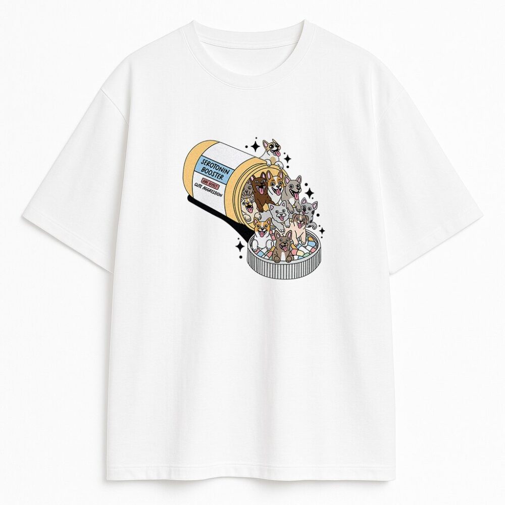 Biała śmieszna koszulka z psami Dog Pills z nadrukiem uroczych piesków