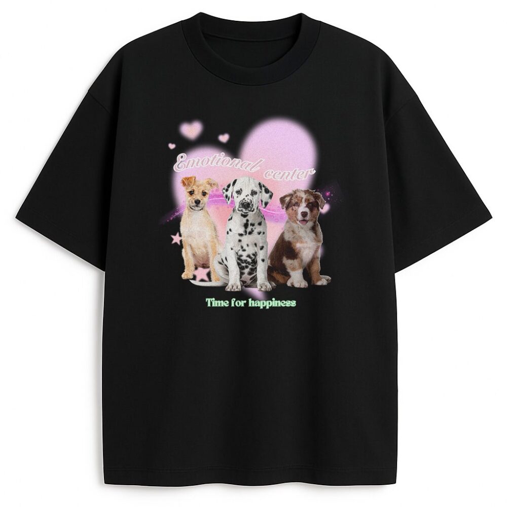 Czarna koszulka z pieskami Emotional Center z uroczym pastelowym nadrukiem