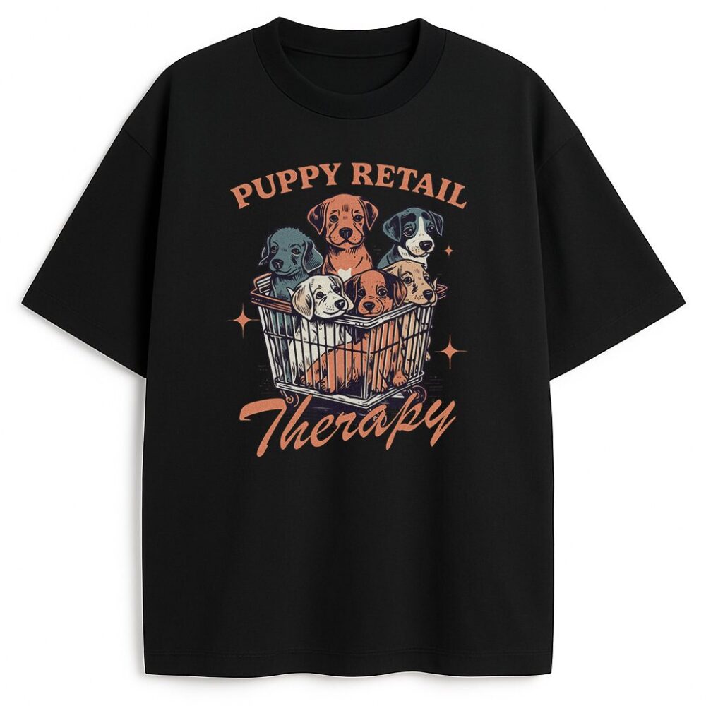 Czarna koszulka dla miłośniczki psów Puppy Retail Therapy z pieskami w koszyku zakupowym